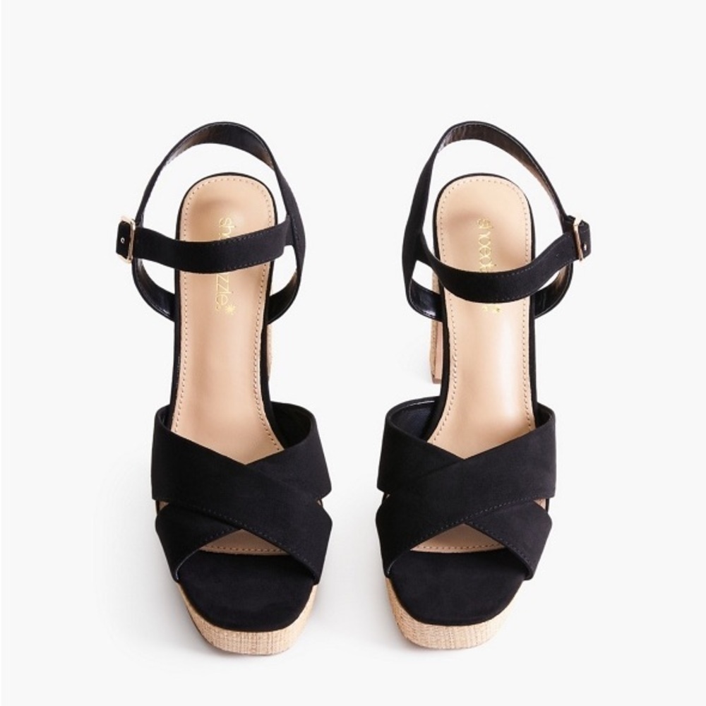 JUSTFAB Tina Crossover Platform Sandal Black Chunky Block Heel Shoes Size 10 New - Picture 3 of 7
